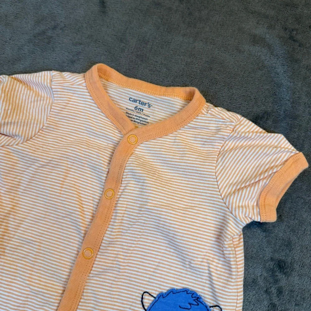 Carters‎ Monster Striped Romper Baby 6 Months Orange Snap Front Cotton